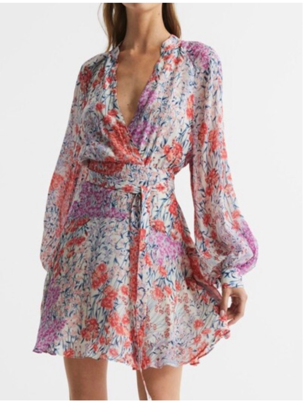 Reiss Floral Mini Dress Size 6 White Orange